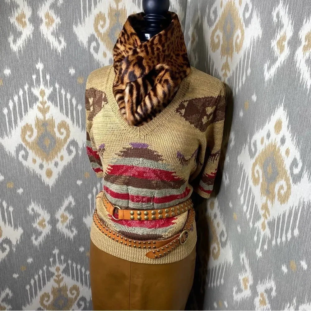 Ralph Lauren Tan Multi Southwest Aztec Hand-Knit Linen Silk V-Neck S/S Sweater - Picture 8 of 16